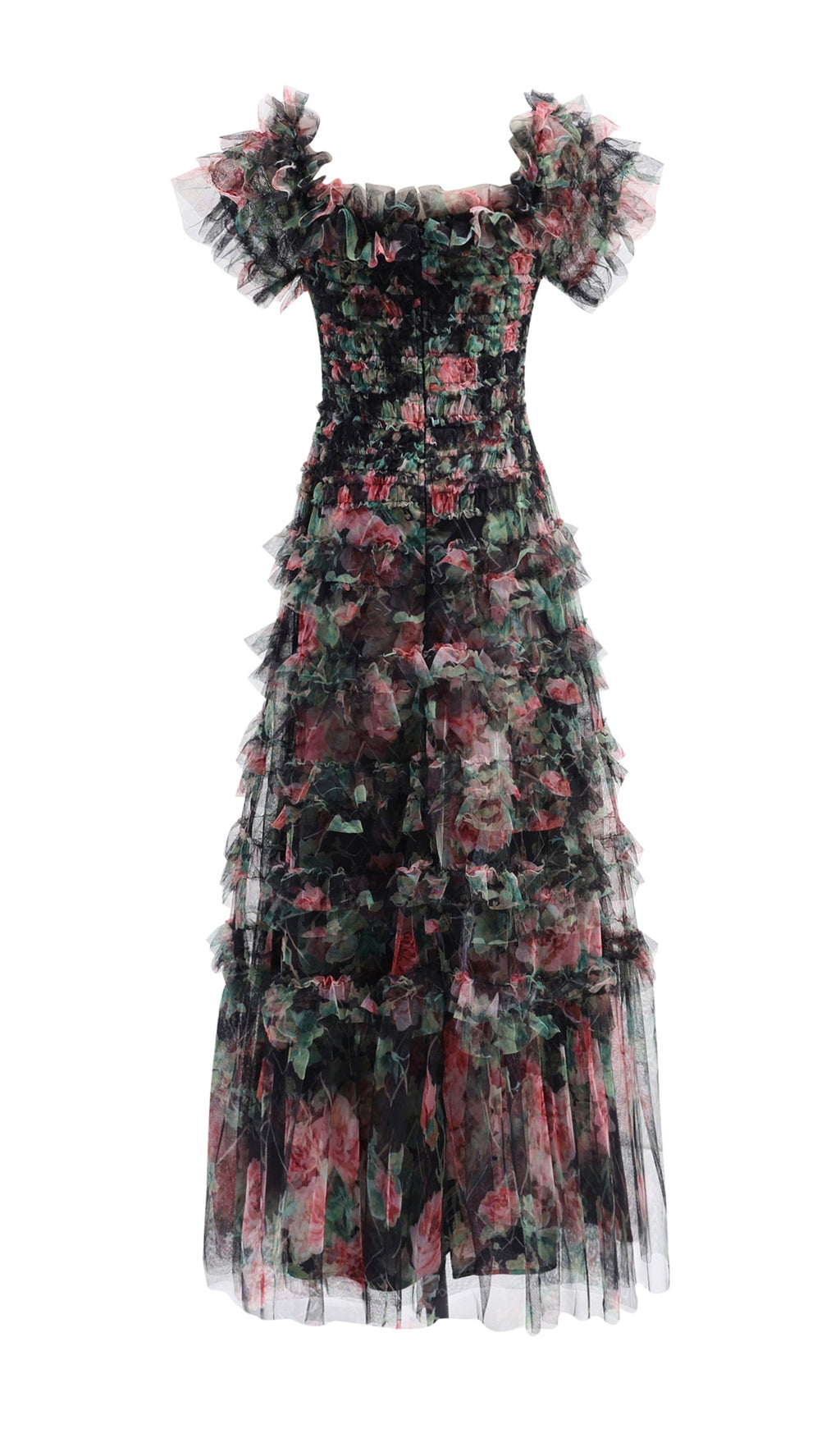 Omuz Açık Çiçekli Volanlı File Uzun Elbise