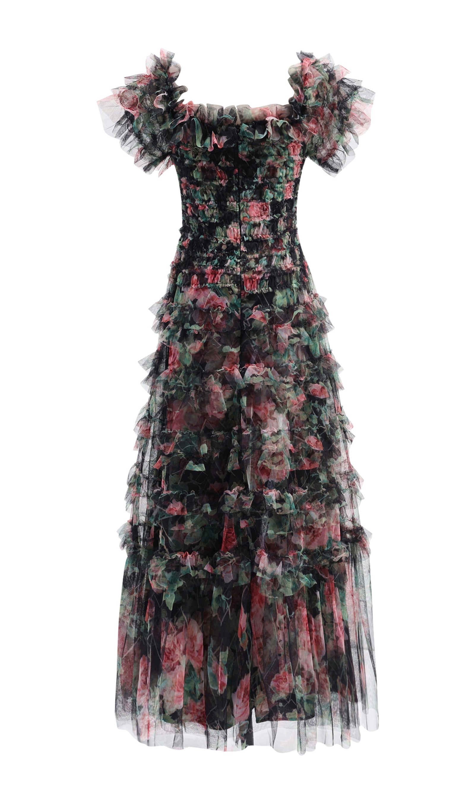 Omuz Açık Çiçekli Volanlı File Uzun Elbise