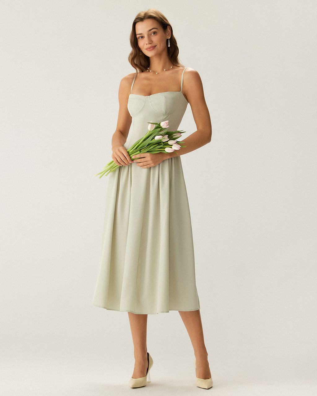 Yeşil Kare Yaka Cepli Slip Midi Elbise
