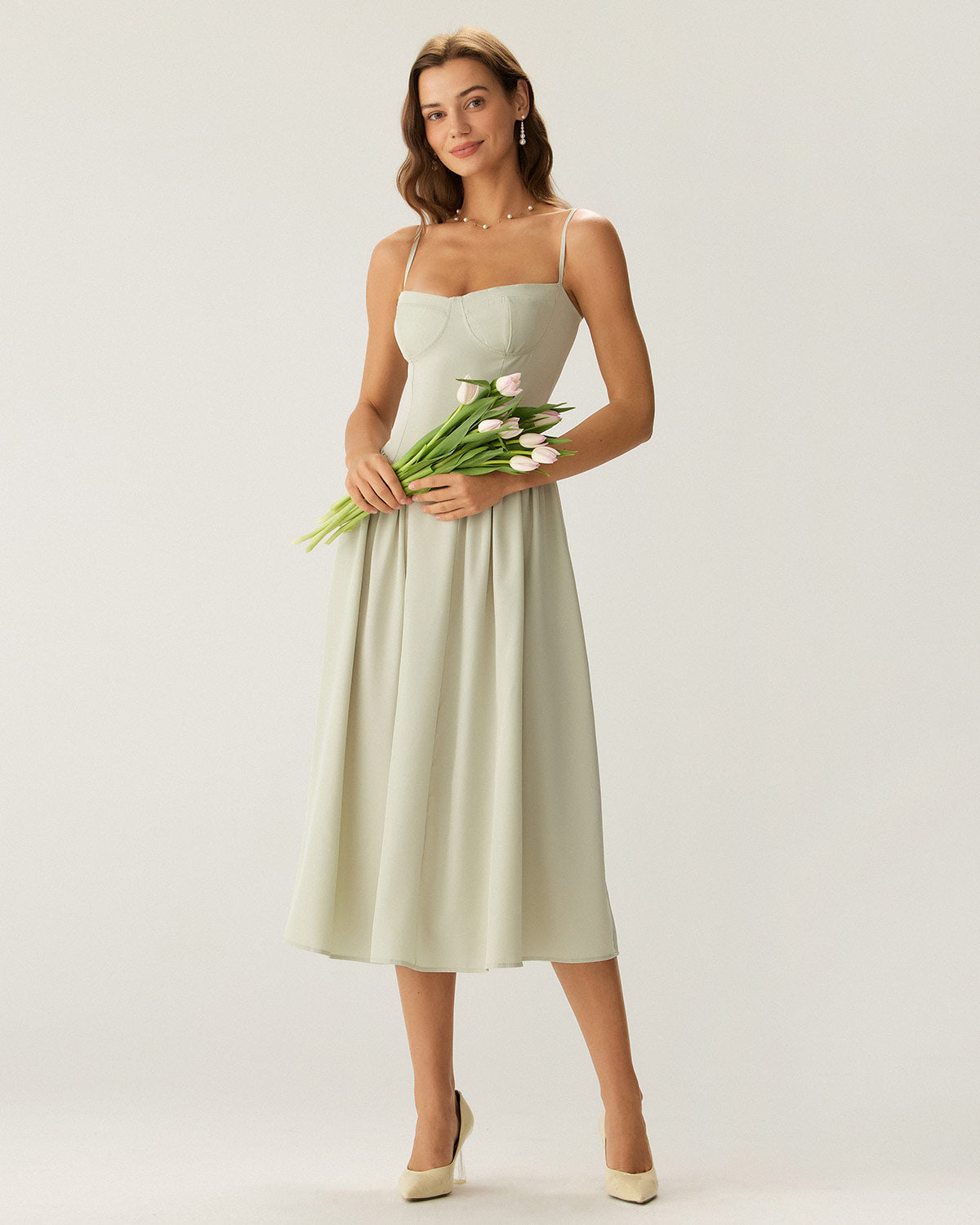 Yeşil Kare Yaka Cepli Slip Midi Elbise