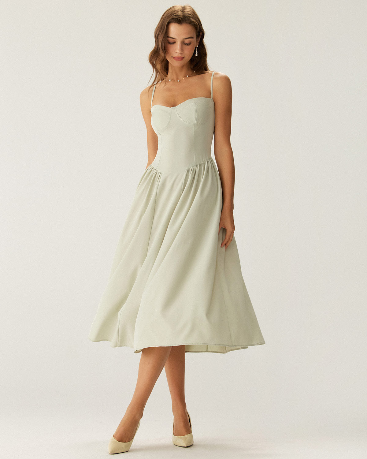 Yeşil Kare Yaka Cepli Slip Midi Elbise