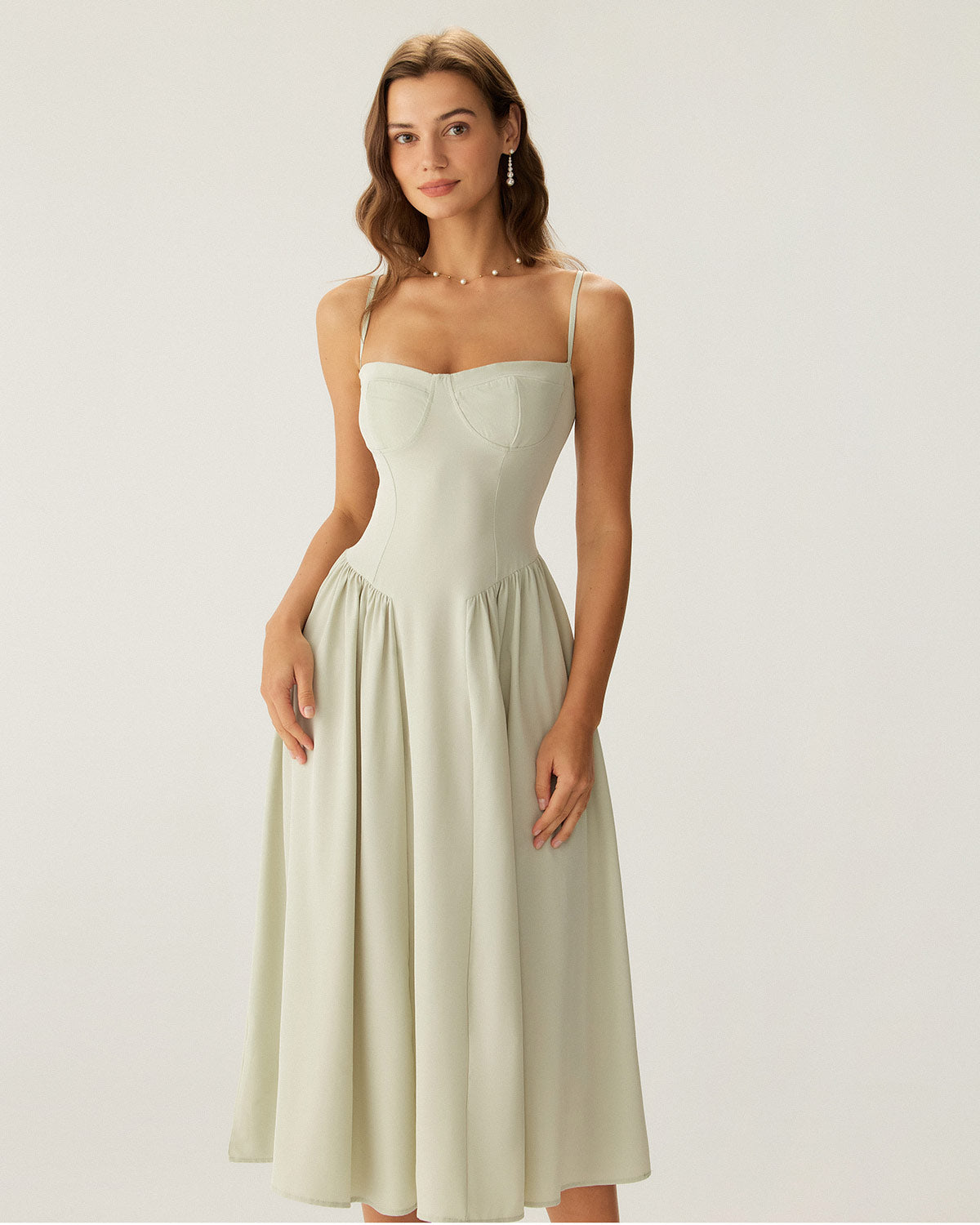 Yeşil Kare Yaka Cepli Slip Midi Elbise