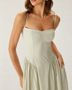 Yeşil Kare Yaka Cepli Slip Midi Elbise