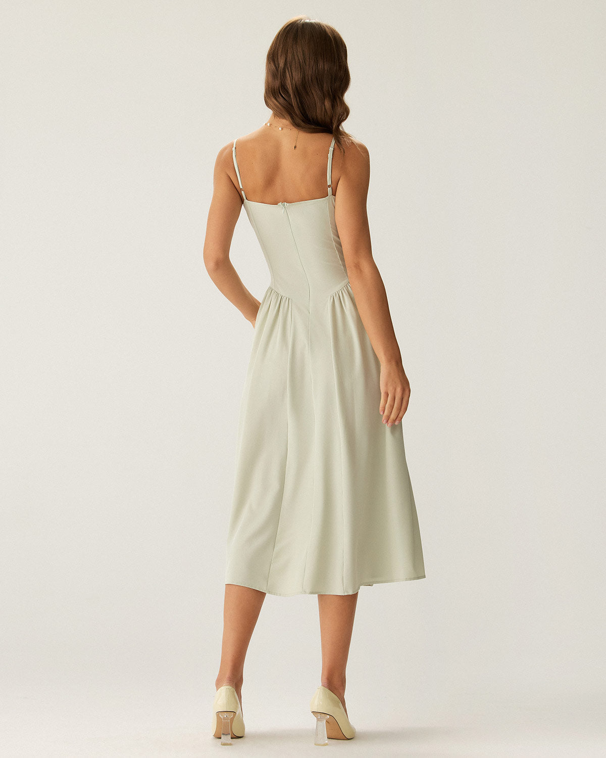 Yeşil Kare Yaka Cepli Slip Midi Elbise