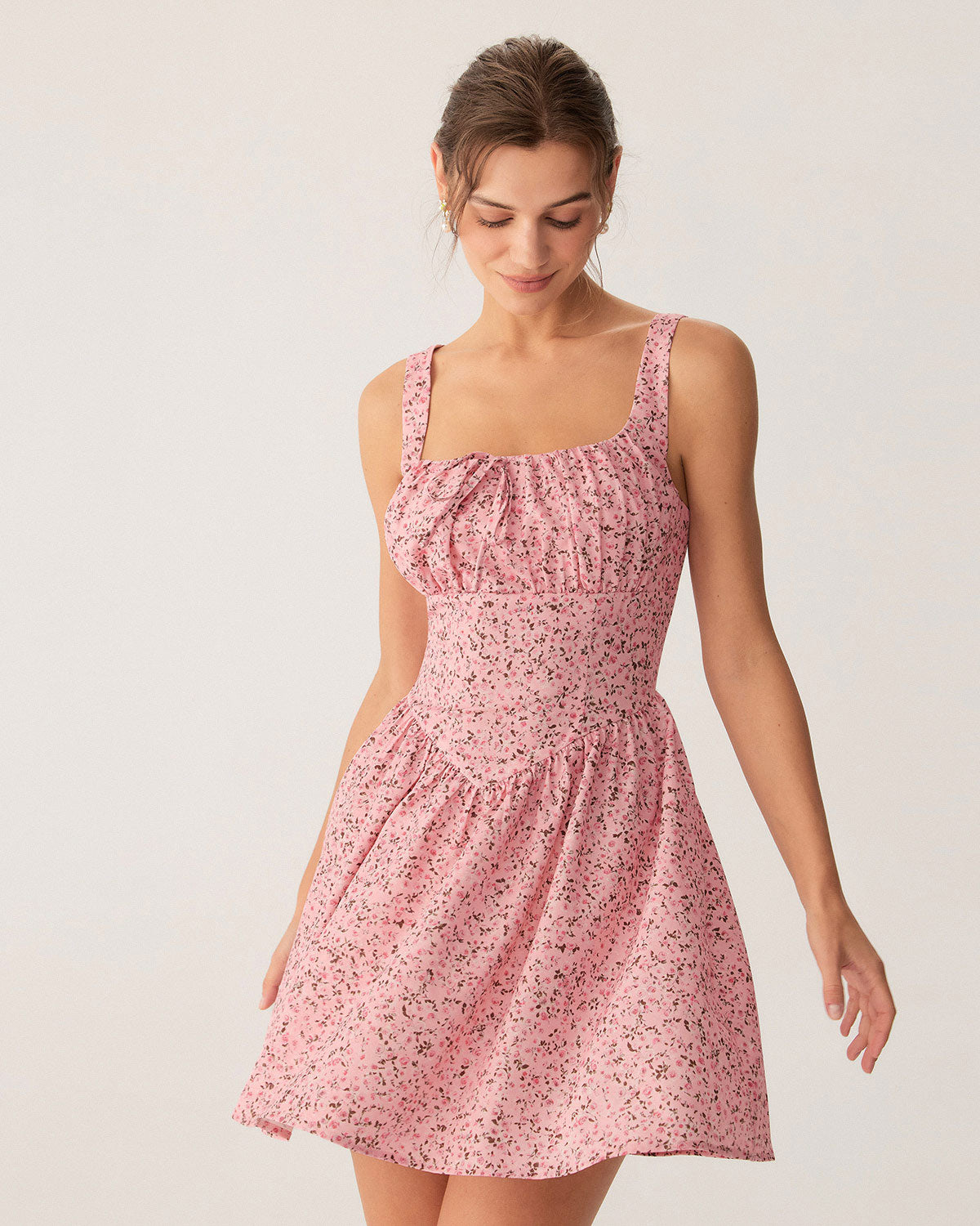 Pembe Çiçekli Dantelli Korse Slip Mini Elbise