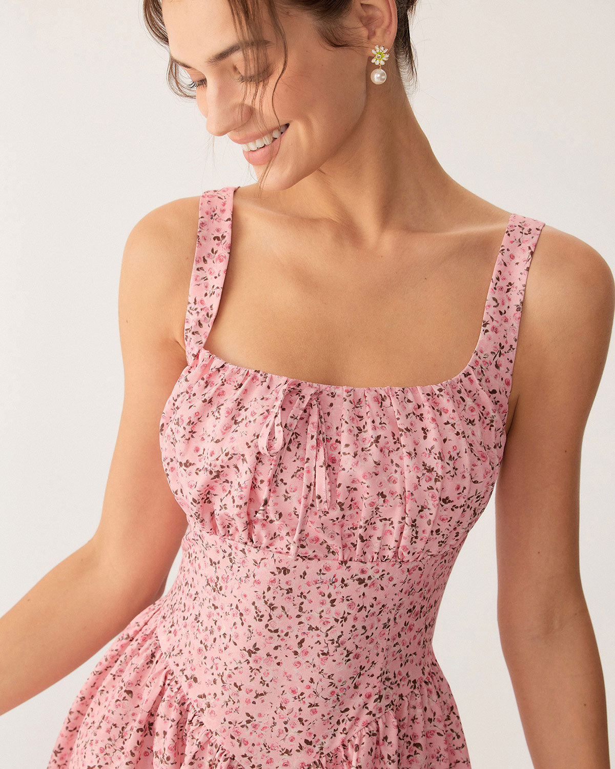 Pembe Çiçekli Dantelli Korse Slip Mini Elbise