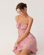 Pembe Çiçekli Dantelli Korse Slip Mini Elbise