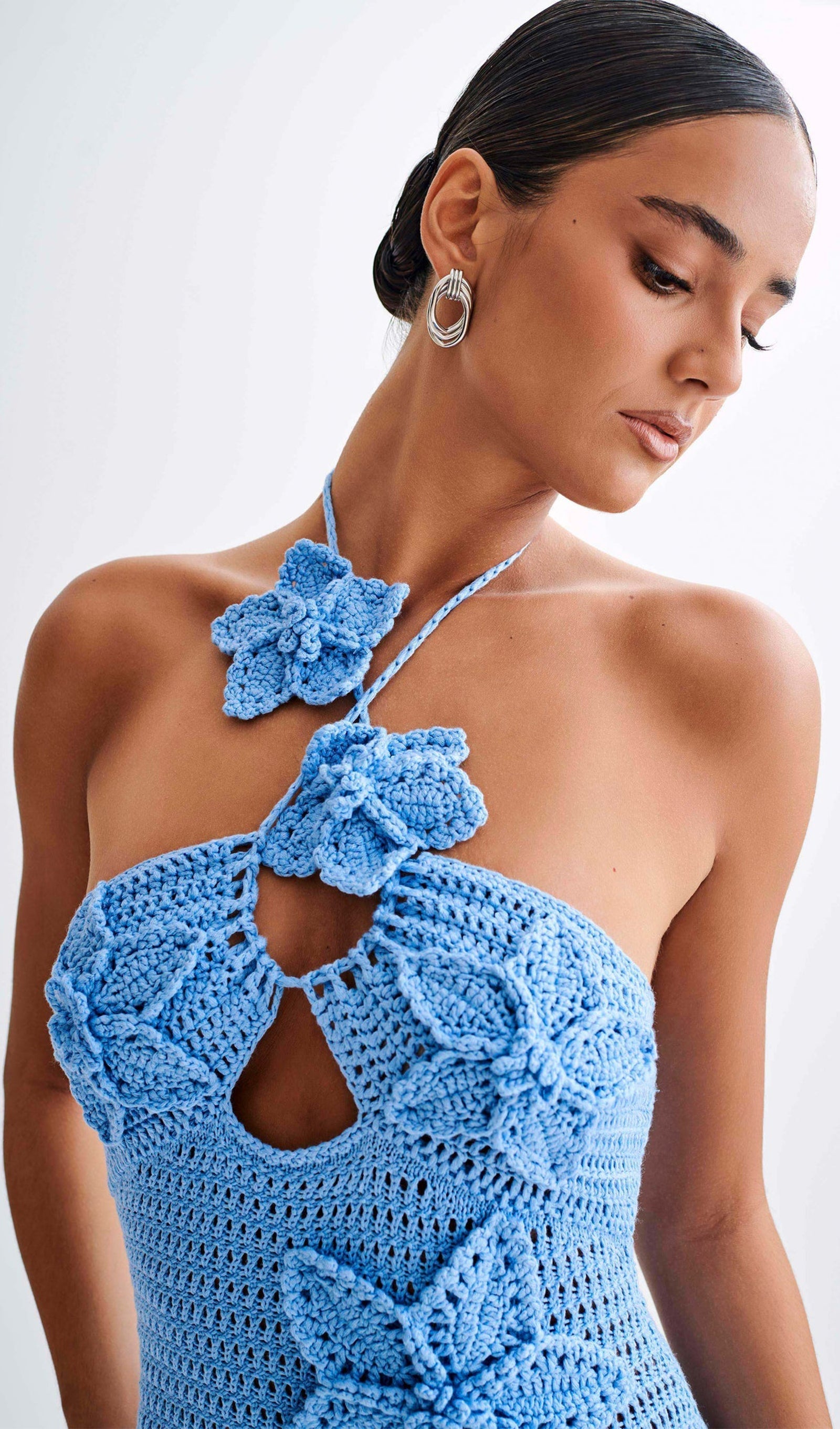 Çiçekli Tığ İşi Uzun Elbise Mavi