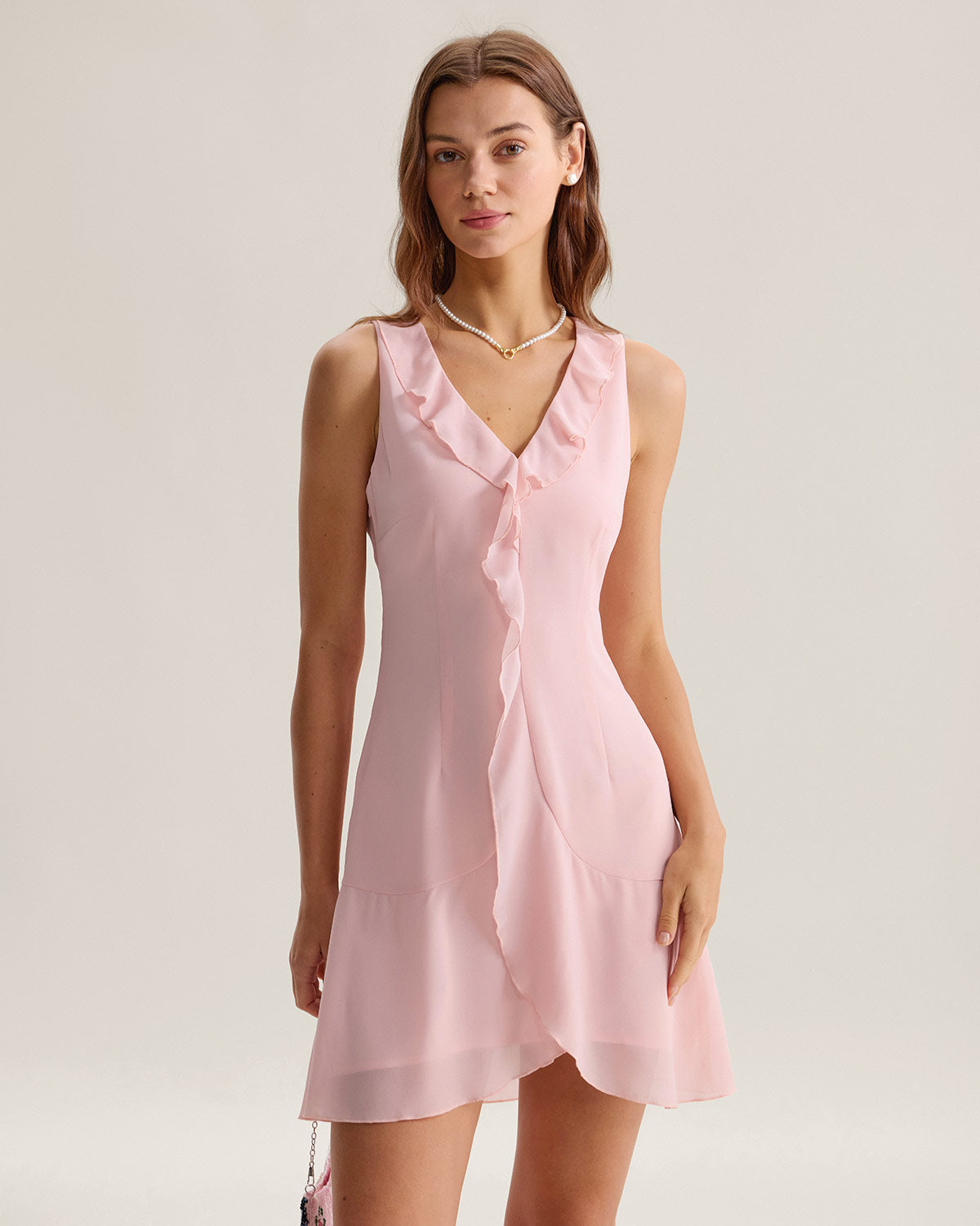 Pembe Fırfırlı Kolsuz Mini Elbise