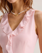 Pembe Fırfırlı Kolsuz Mini Elbise