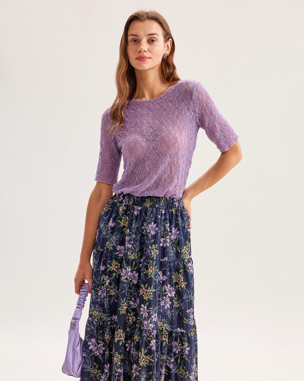 Siyah Çiçekli Beli Lastikli Midi Etek