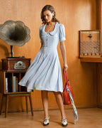 Mavi U Yaka Kabarık Kollu Pileli Midi Elbise