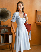 Mavi U Yaka Kabarık Kollu Pileli Midi Elbise