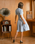 Mavi U Yaka Kabarık Kollu Pileli Midi Elbise