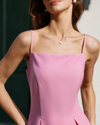 Pembe Kare Yaka Slip Pileli Mini Elbise