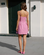 Pembe Kare Yaka Slip Pileli Mini Elbise