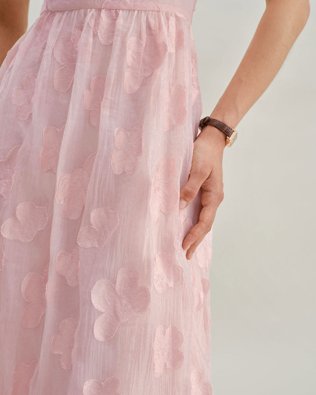 Pembe Kare Yaka Kabarık Kollu Midi Elbise