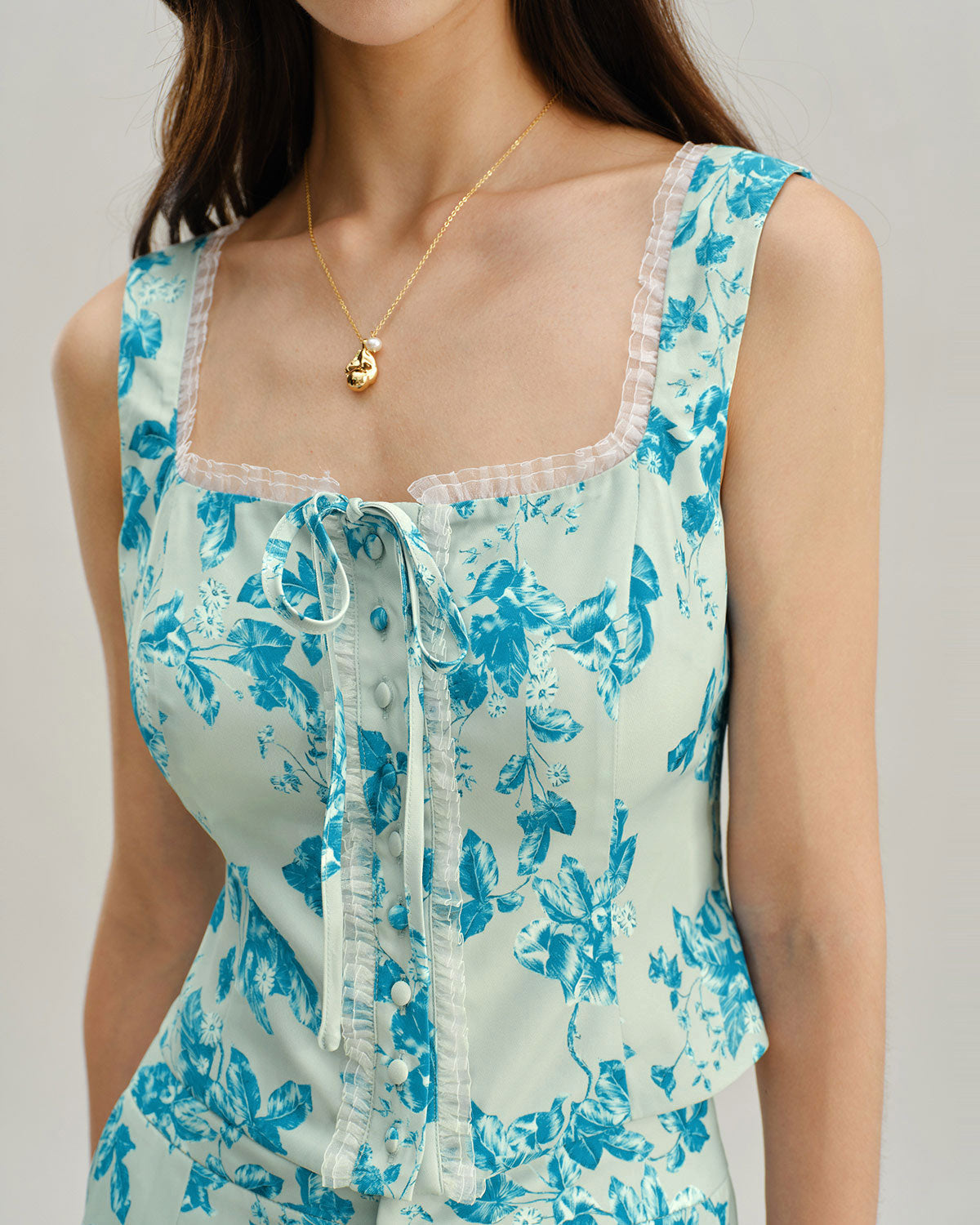Mavi Çiçekli Kare Tank Top