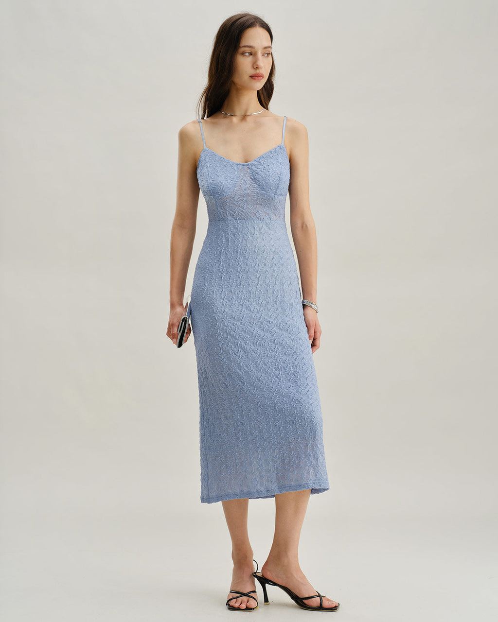 Mavi Dantel Slip Vücuda Oturan Midi Elbise