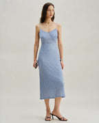 Mavi Dantel Slip Vücuda Oturan Midi Elbise