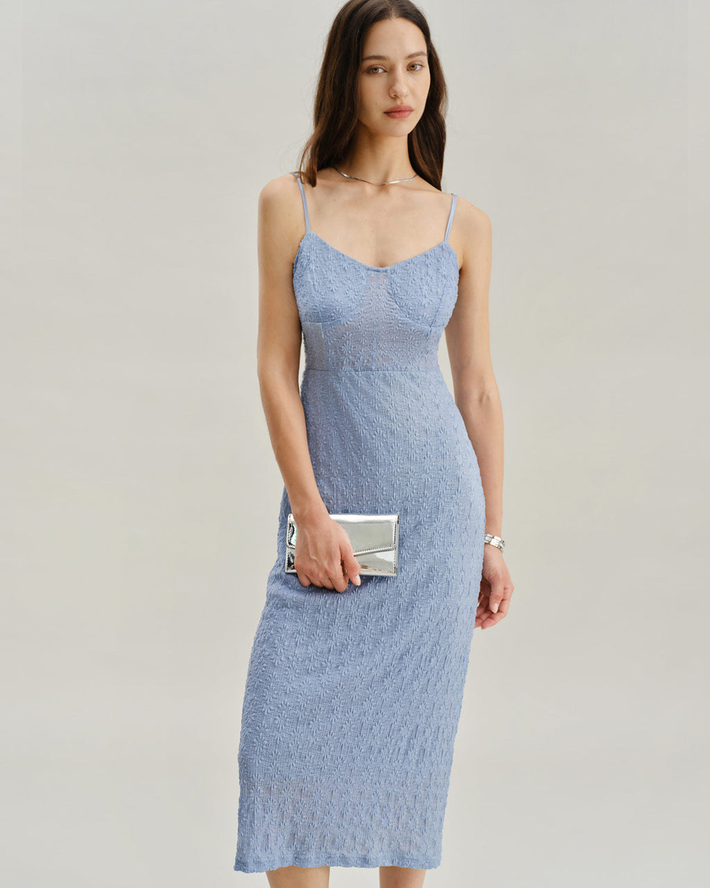 Mavi Dantel Slip Vücuda Oturan Midi Elbise