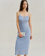 Mavi Dantel Slip Vücuda Oturan Midi Elbise