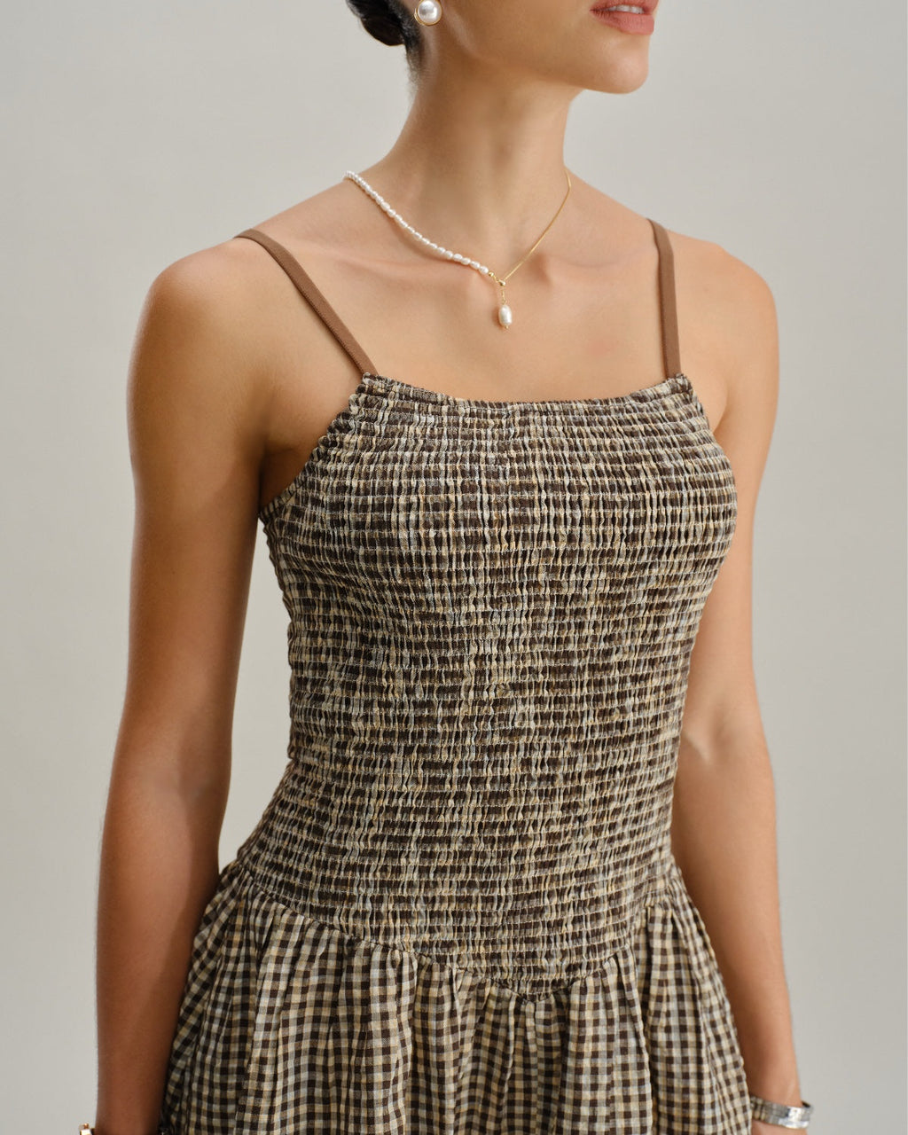 Kahverengi Ekose Büzgülü Slip Midi Elbise