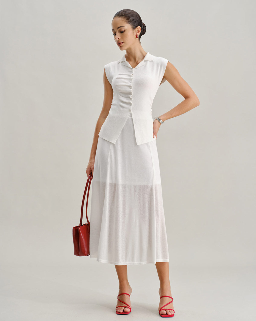 Beyaz Büzgülü Tek Sıra Hırka