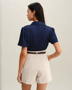 Lacivert Saten Düğmeli Bluz