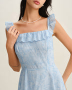 Mavi Kare Yaka Volanlı Midi Elbise