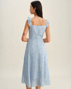 Mavi Kare Yaka Volanlı Midi Elbise