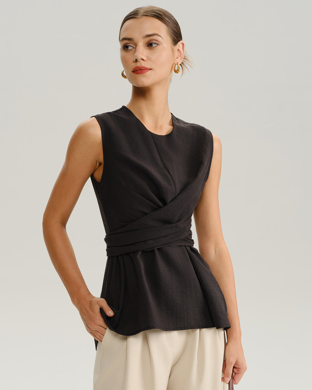 Siyah Yuvarlak Yaka Sargı Tank Top