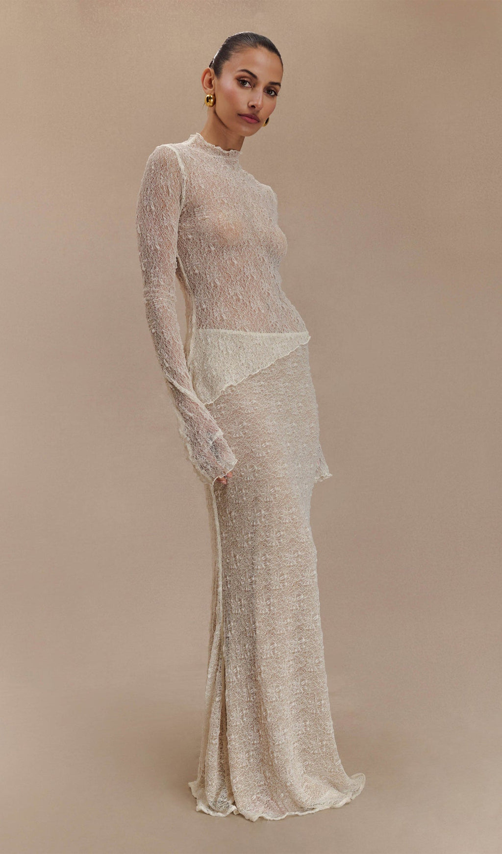 Fildişi Rengi Şeffaf Dantel Üst Ve Uzun Etek Takımları