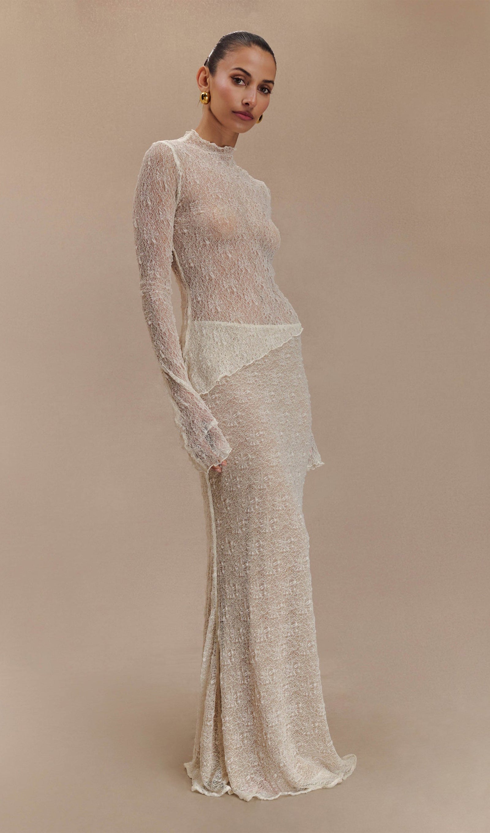 Fildişi Rengi Şeffaf Dantel Üst Ve Uzun Etek Takımları