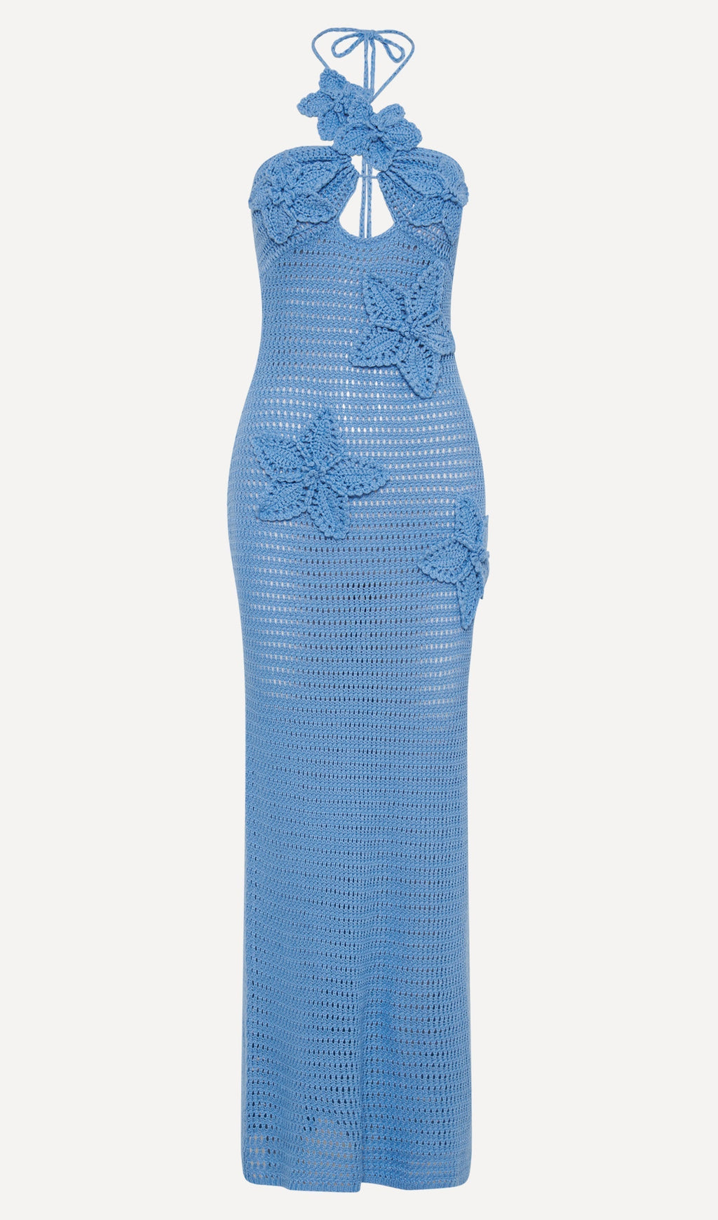 Çiçekli Tığ İşi Uzun Elbise Mavi