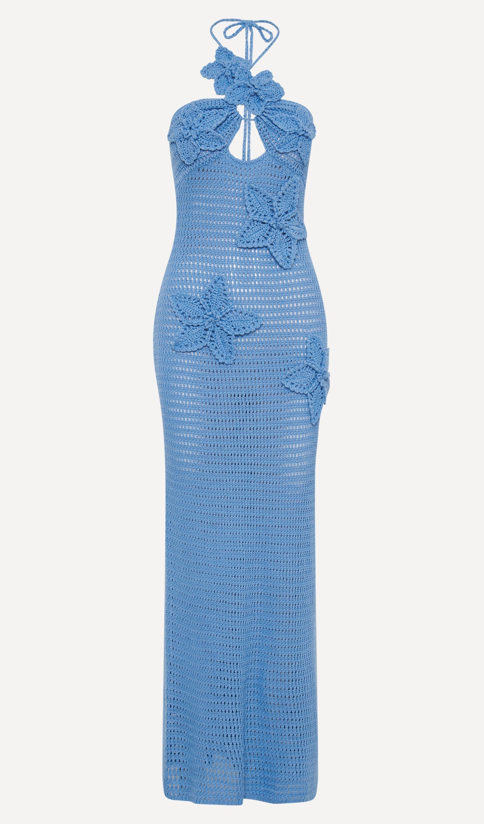 Çiçekli Tığ İşi Uzun Elbise Mavi