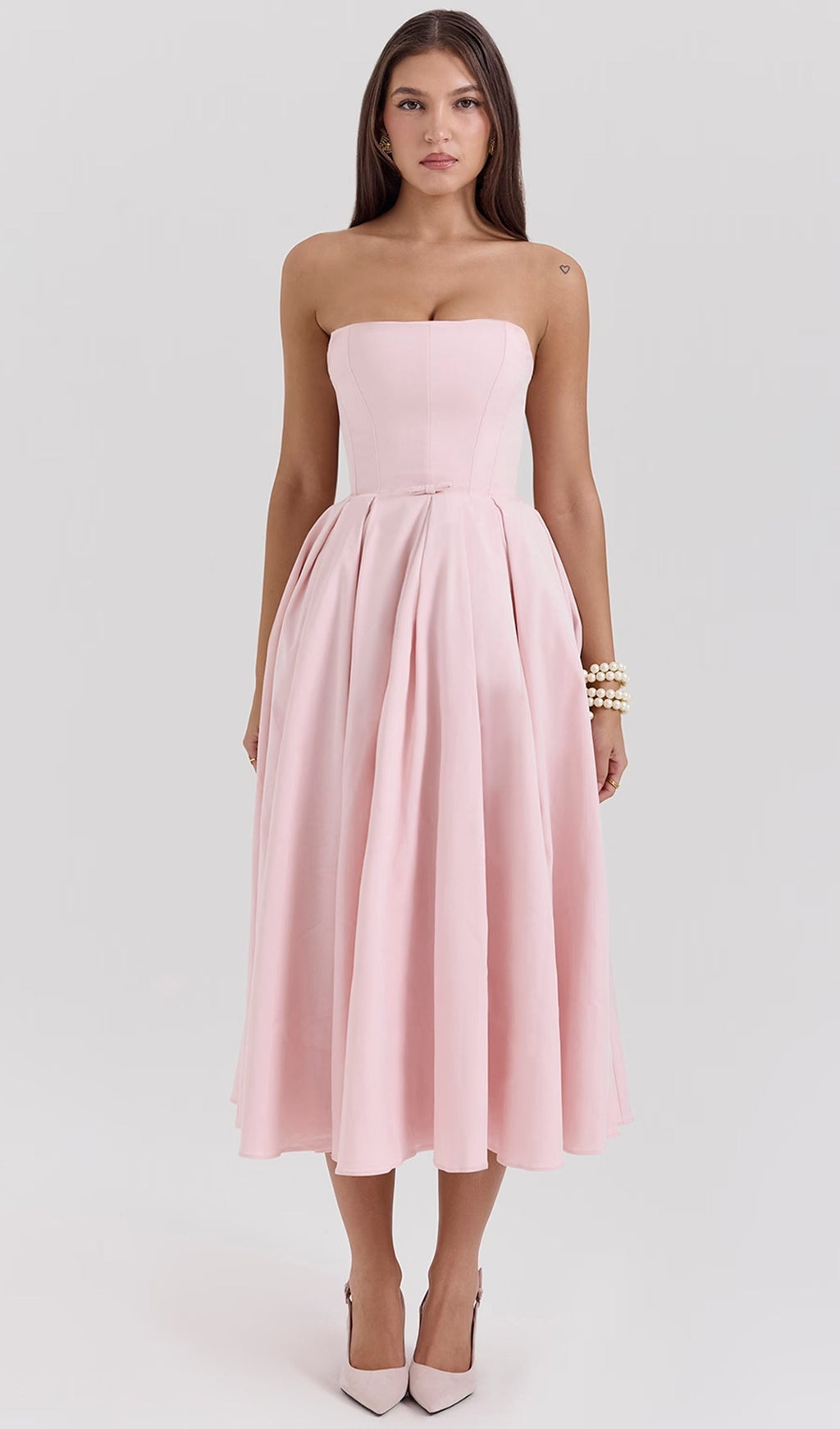 Pembe Straplez Korseli Midi Elbise