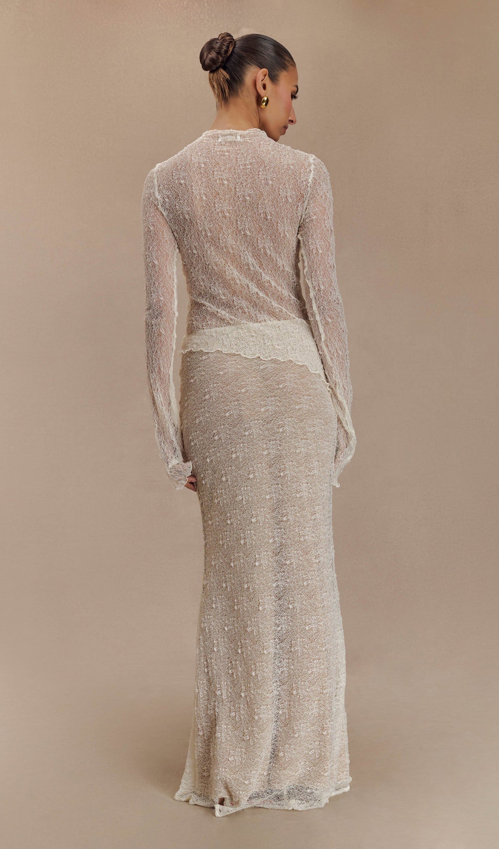 Fildişi Rengi Şeffaf Dantel Üst Ve Uzun Etek Takımları