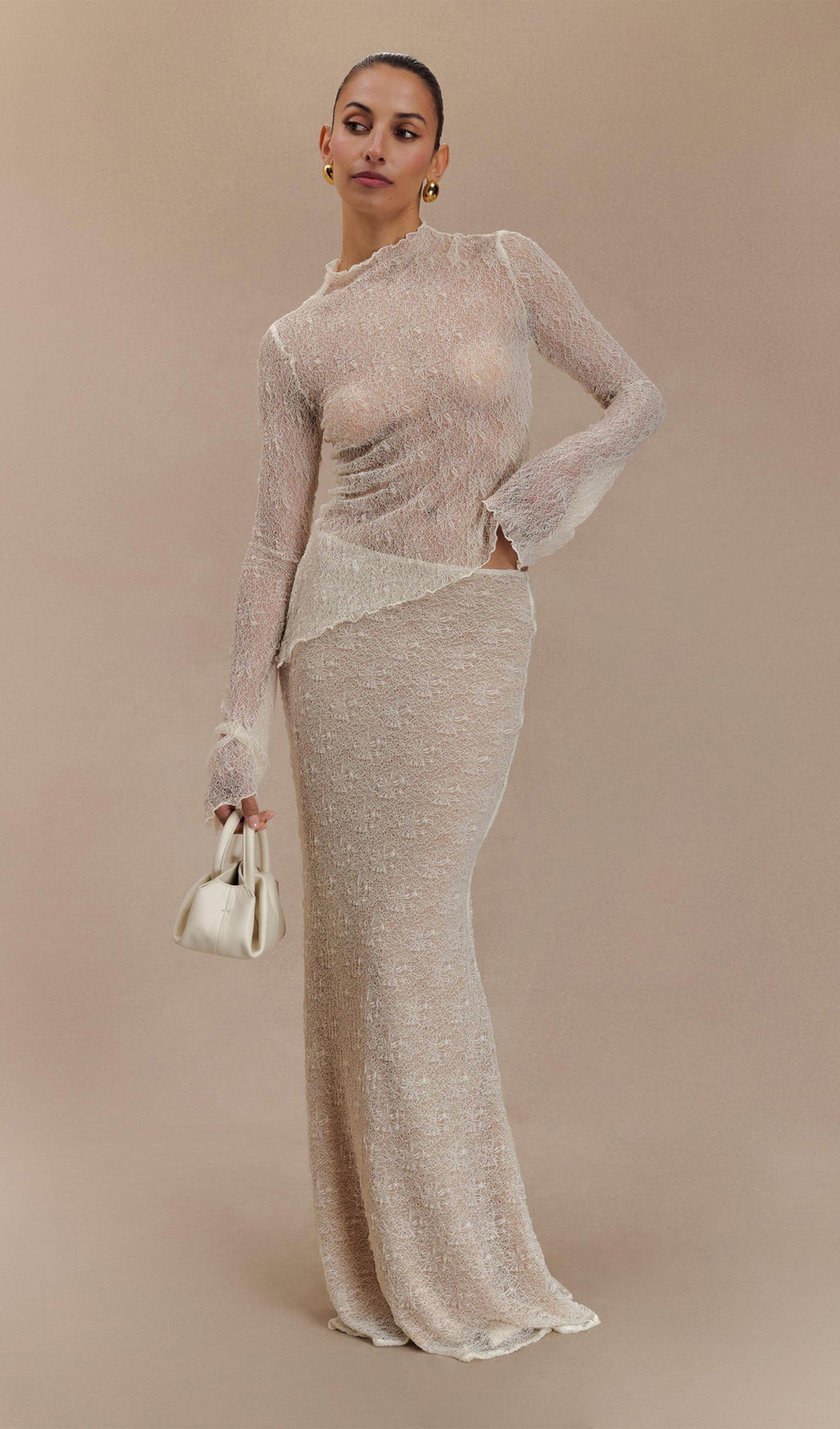 Fildişi Rengi Şeffaf Dantel Üst Ve Uzun Etek Takımları