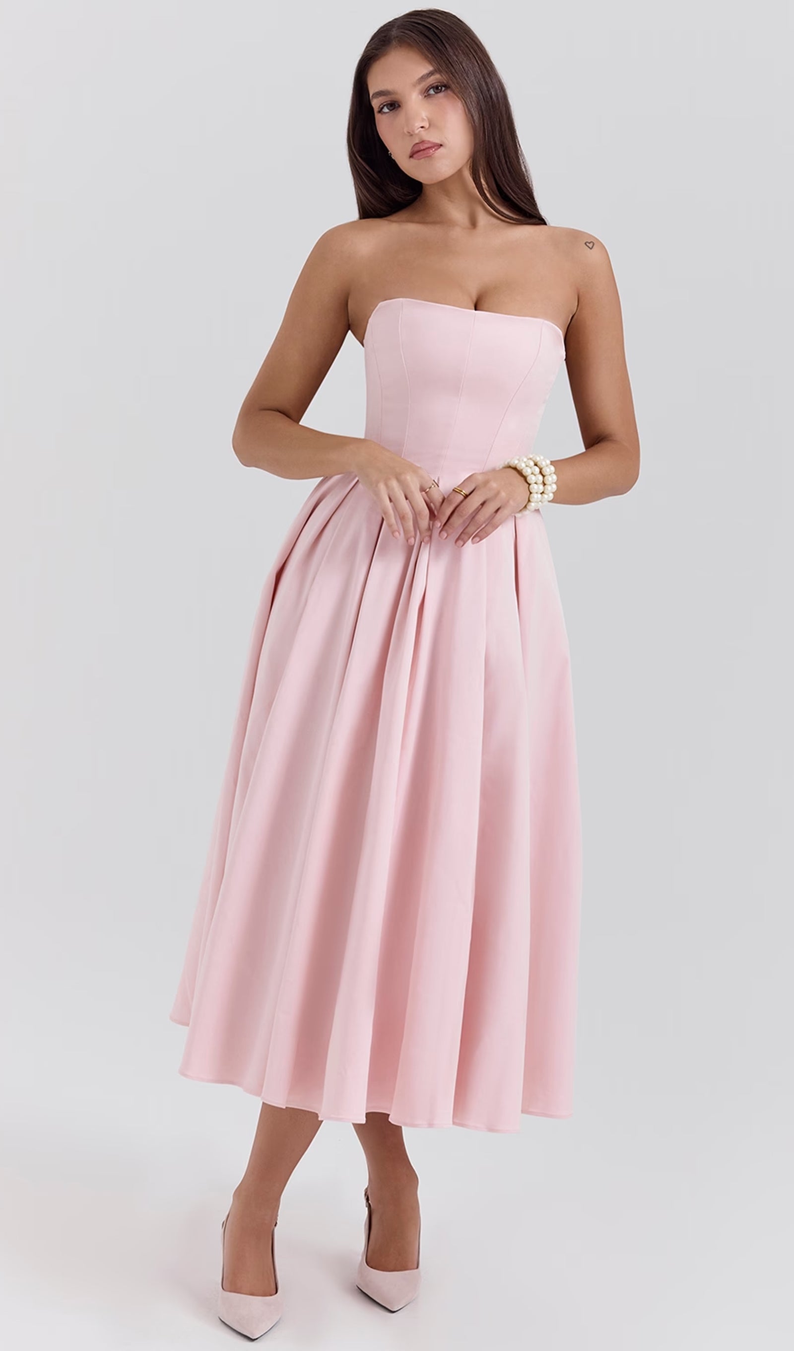 Pembe Straplez Korseli Midi Elbise