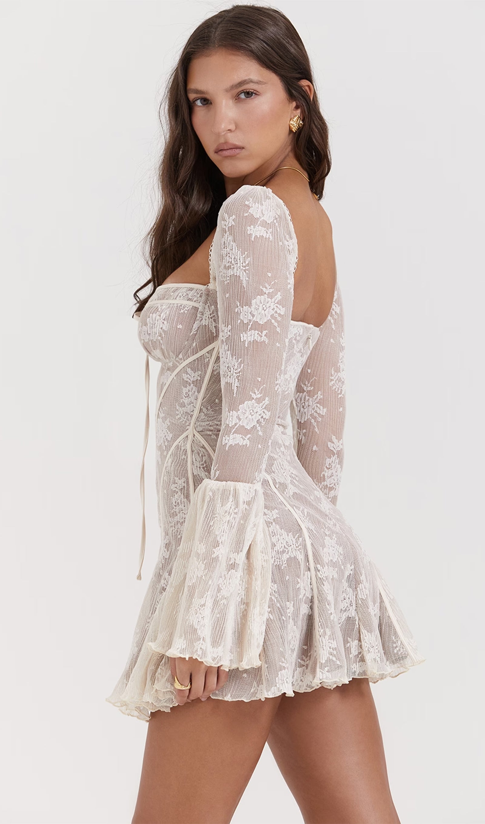 Kavita Fildişi Dantel Mini Elbise