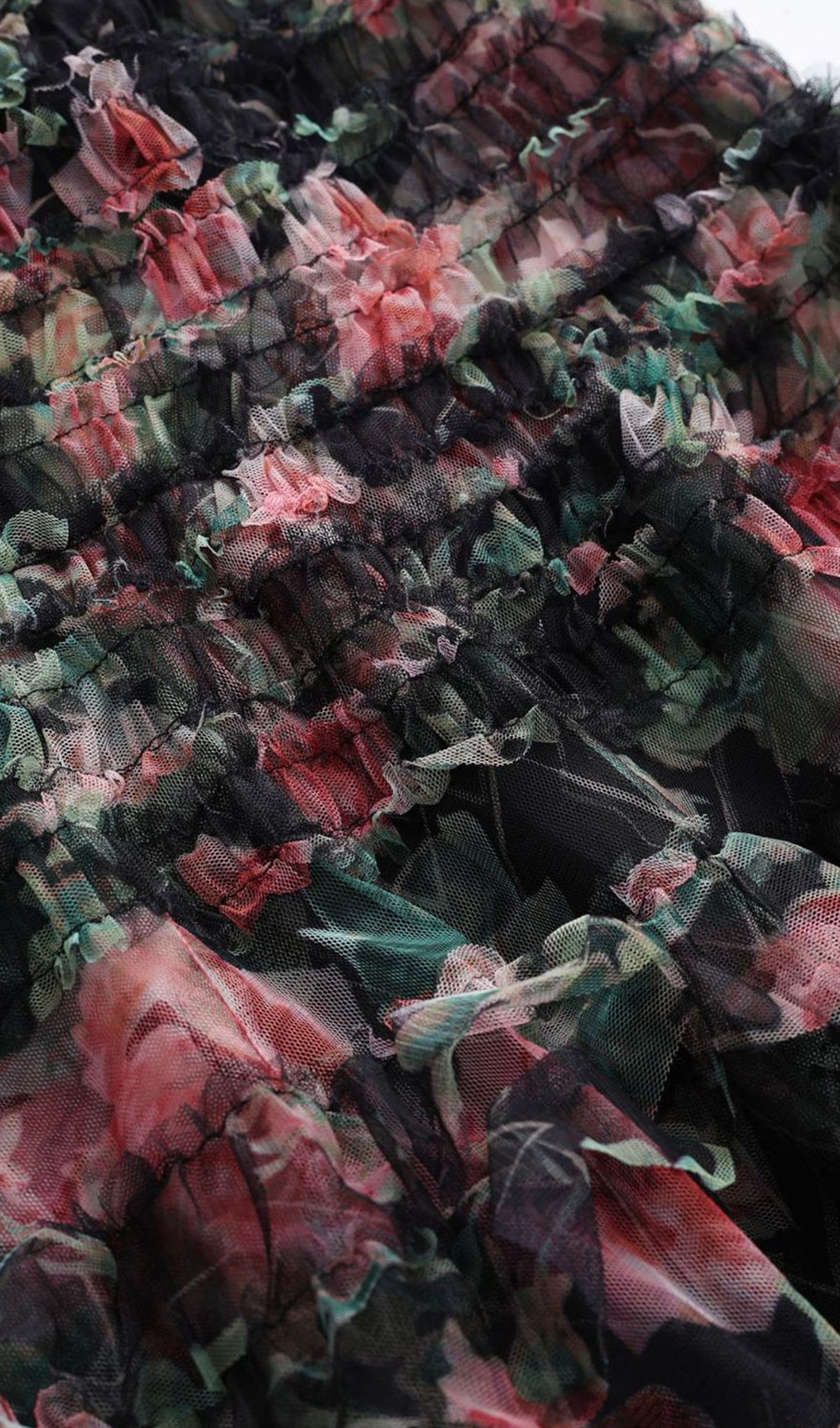 Omuz Açık Çiçekli Volanlı File Uzun Elbise