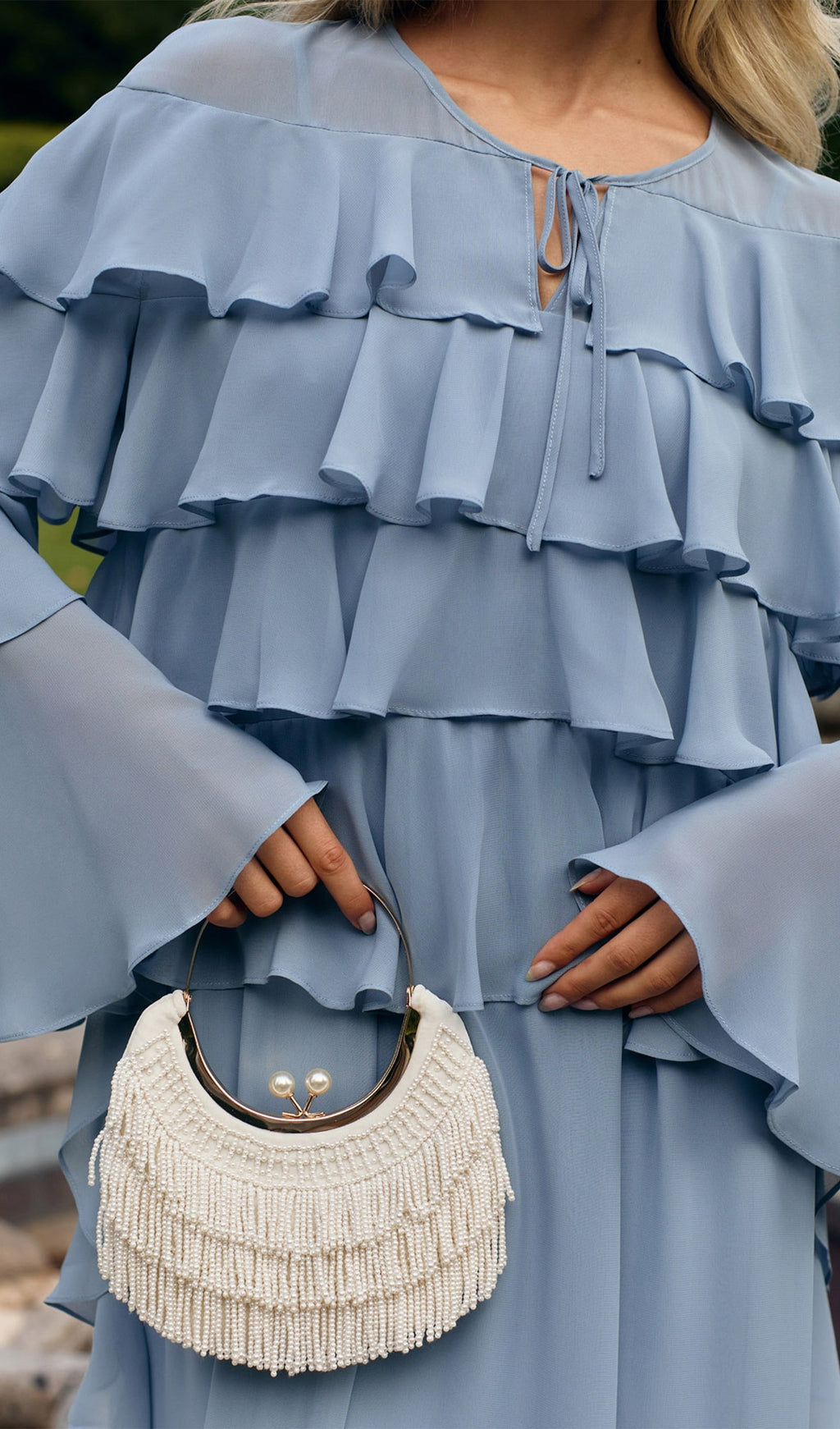 Bebek Mavisi Volanlı Uzun Elbise