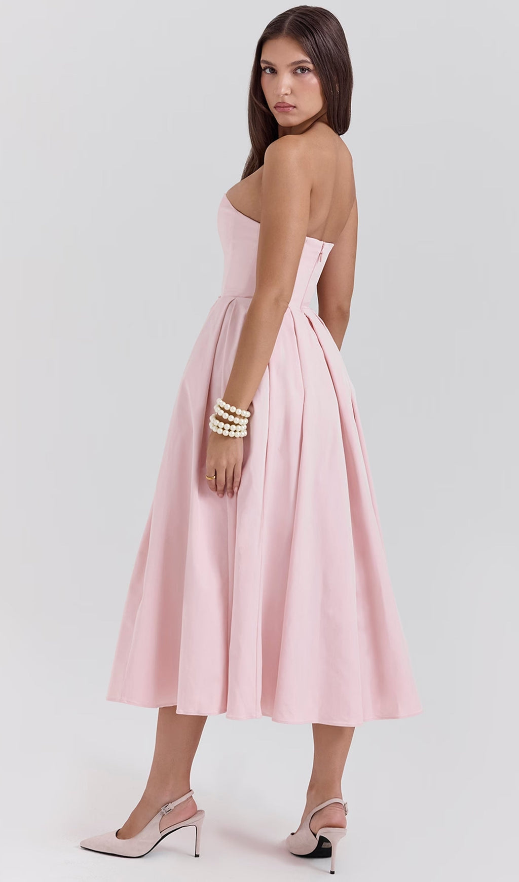 Pembe Straplez Korseli Midi Elbise