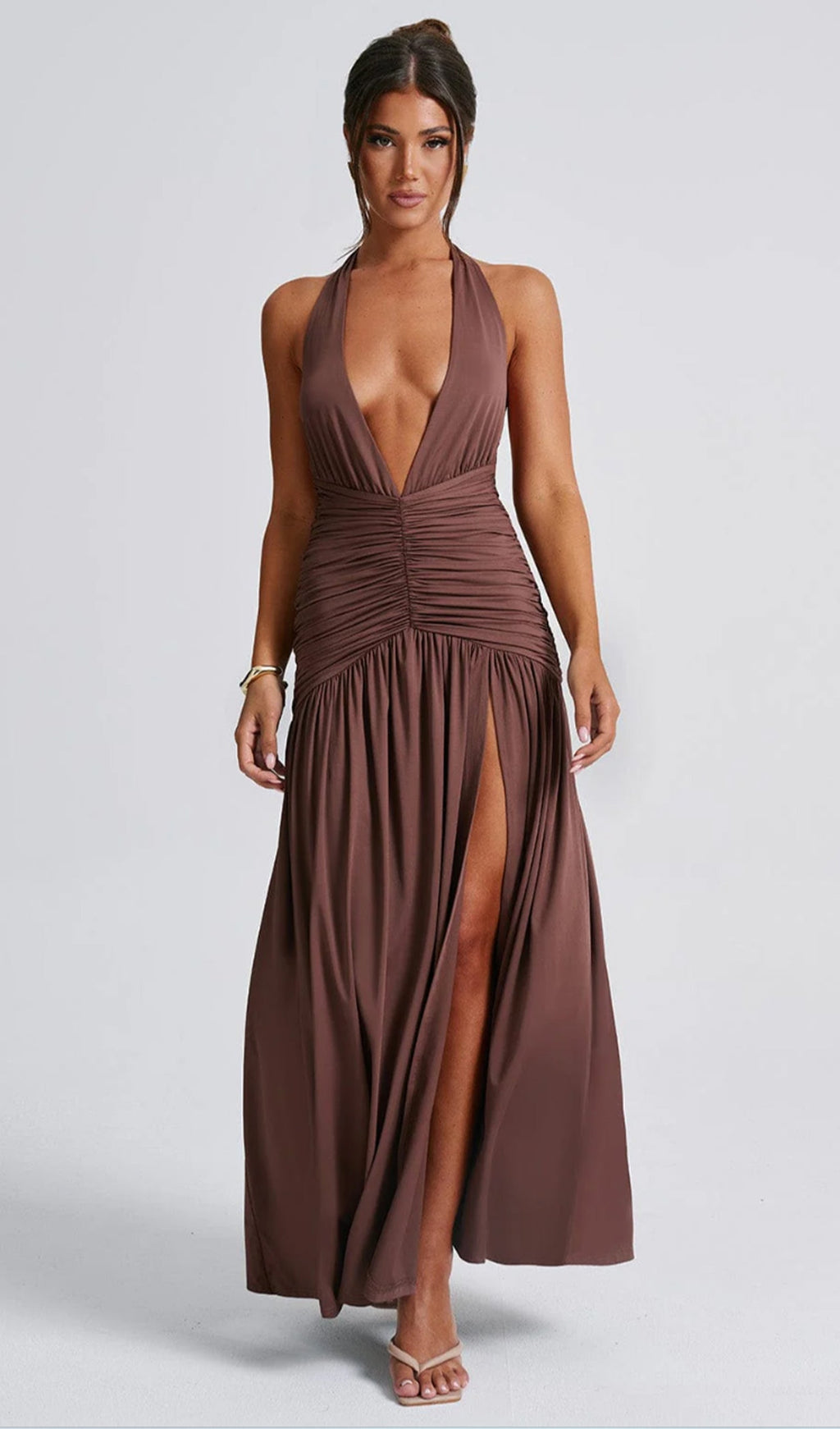 Düz Derin Askılı Uzun Elbise