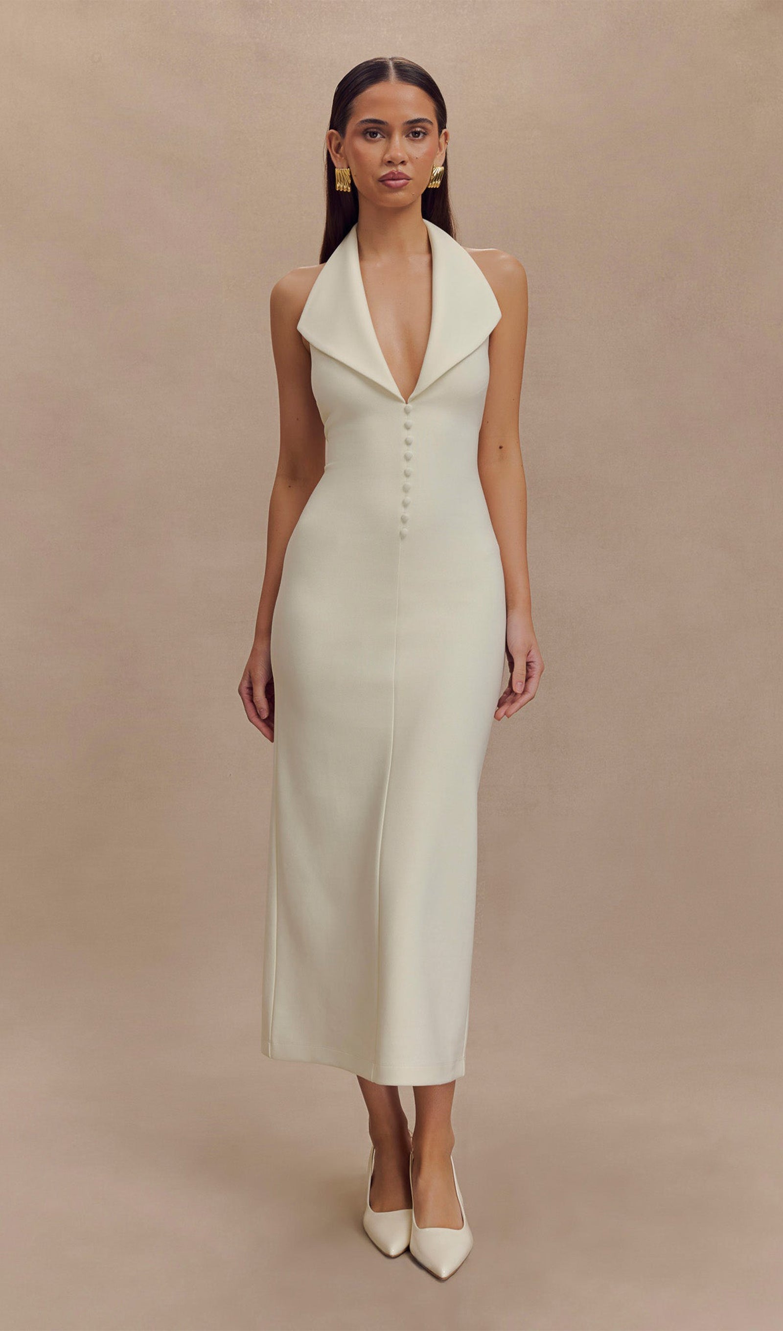 Fildişi Krep Askılı Midi Elbise