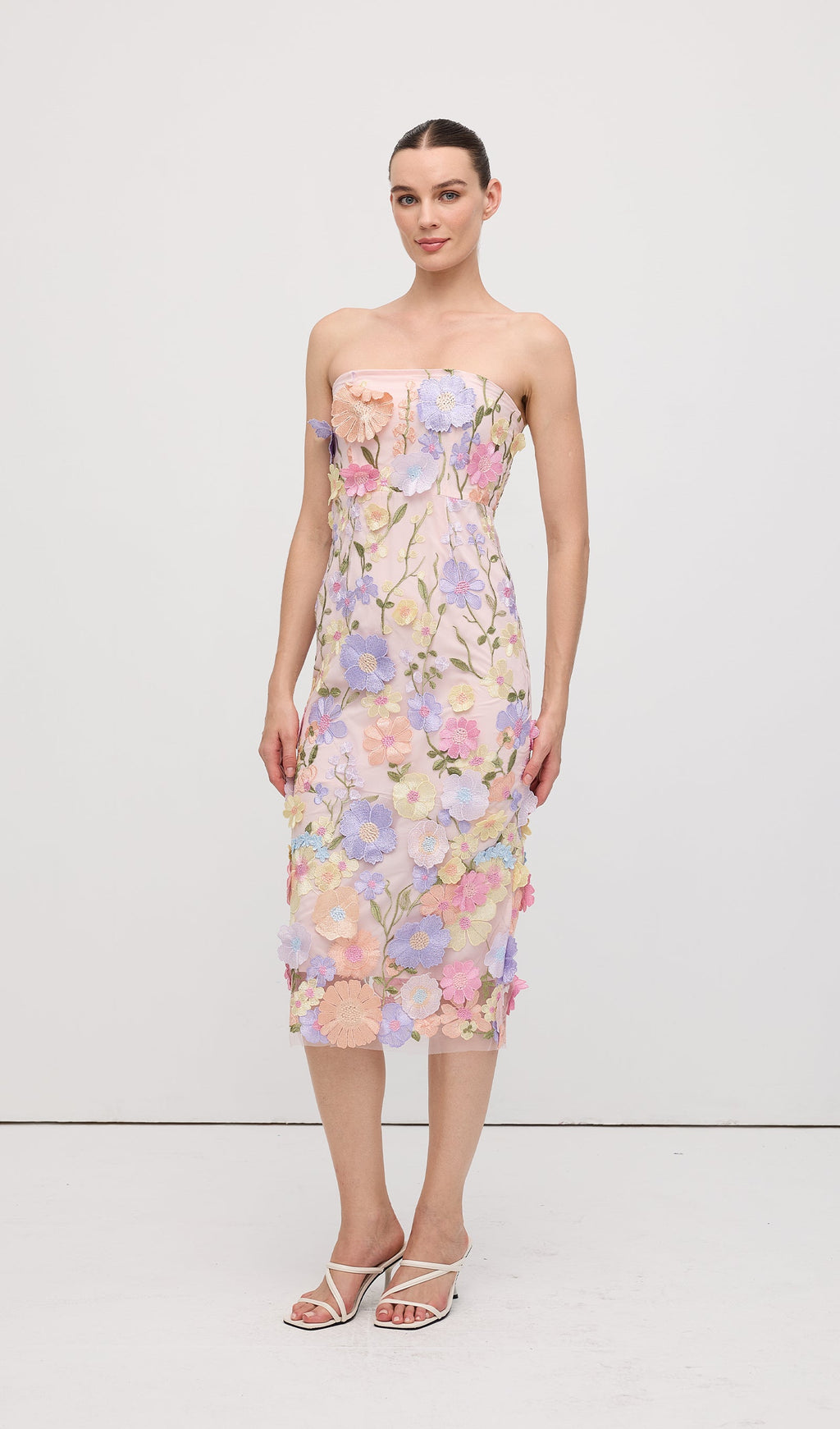 Mor Çiçek Desenli Kolsuz Midi Elbise