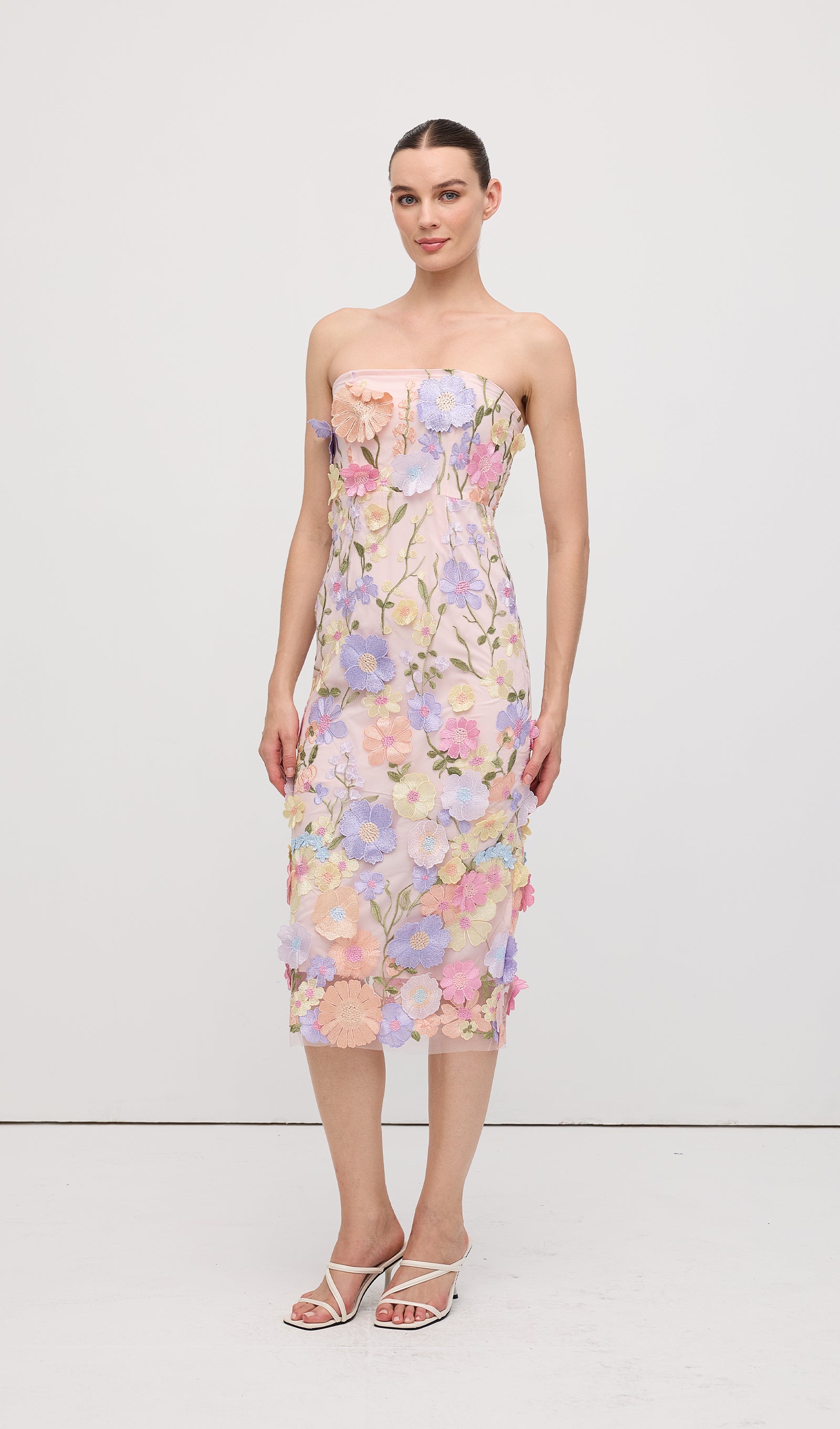 Mor Çiçek Desenli Kolsuz Midi Elbise