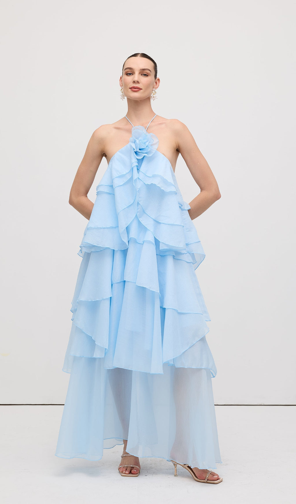 Askılı Katmanlı Uzun Elbise Mavi