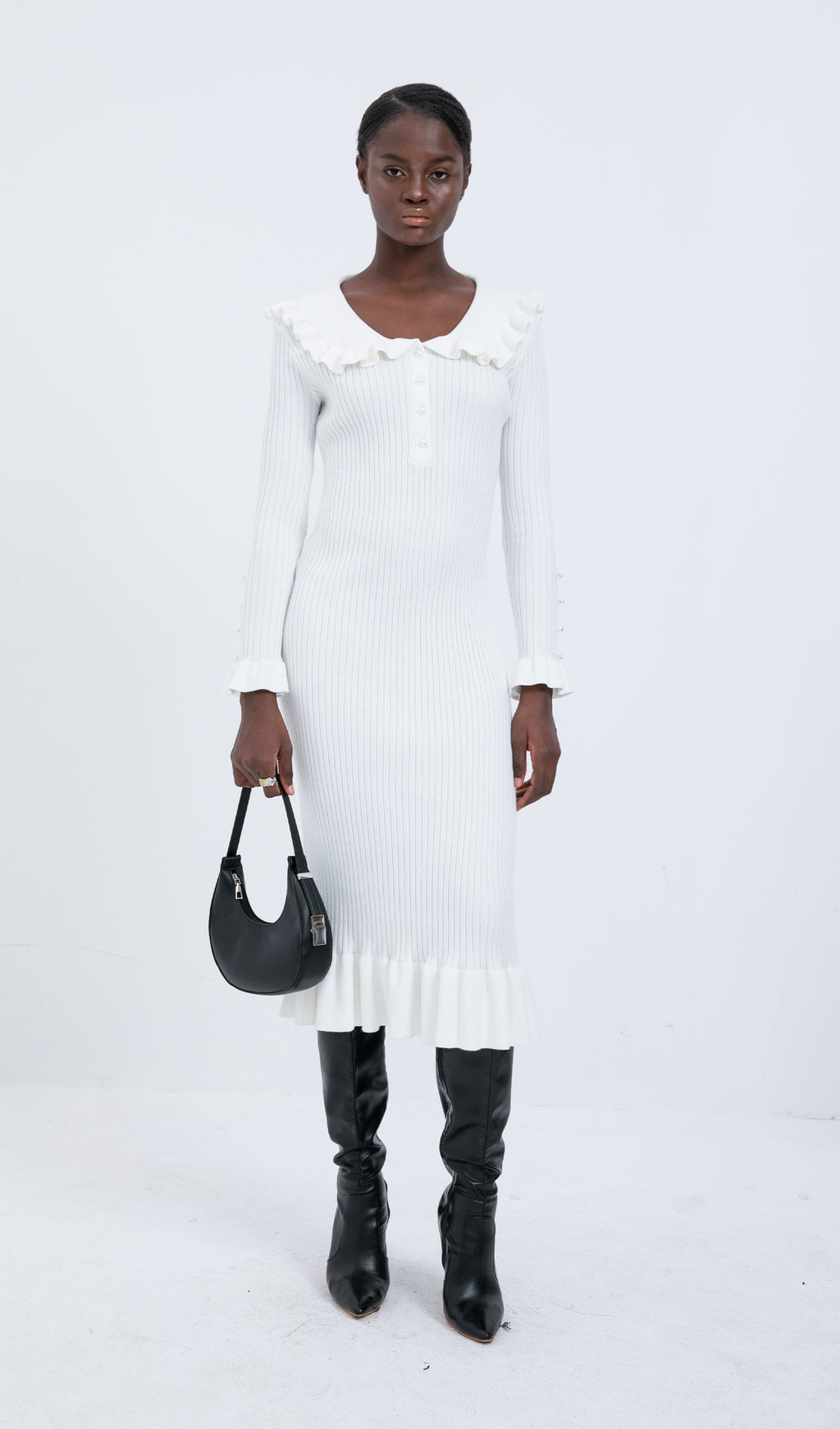 Trendy Örme Volanlı Midi Elbise - Beyaz